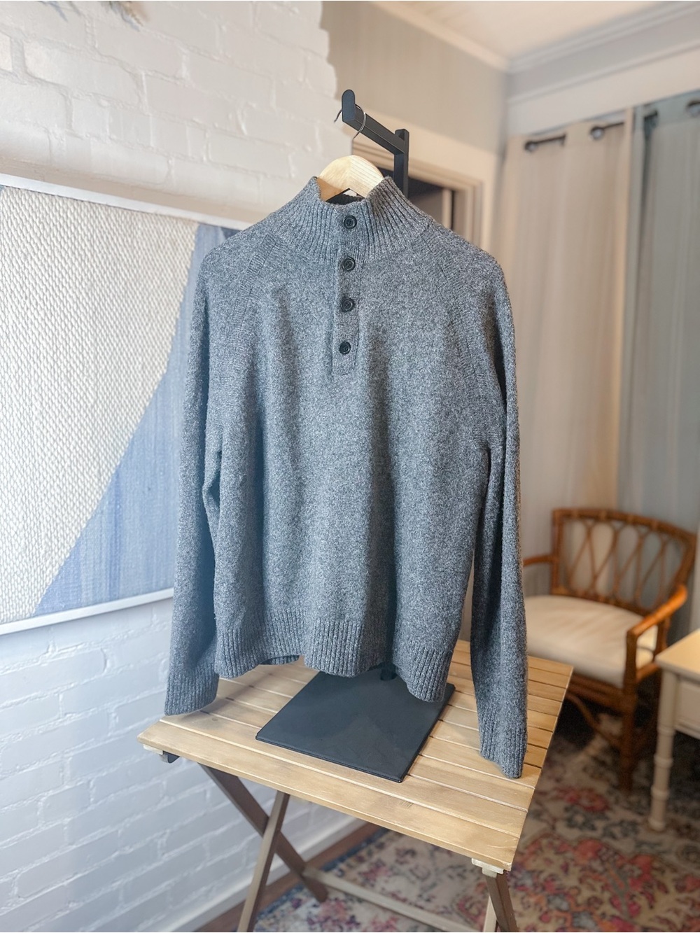 Banana Republic Merino Wool Blend Dark Grey Ribbed Collar Sweater with Buttons
